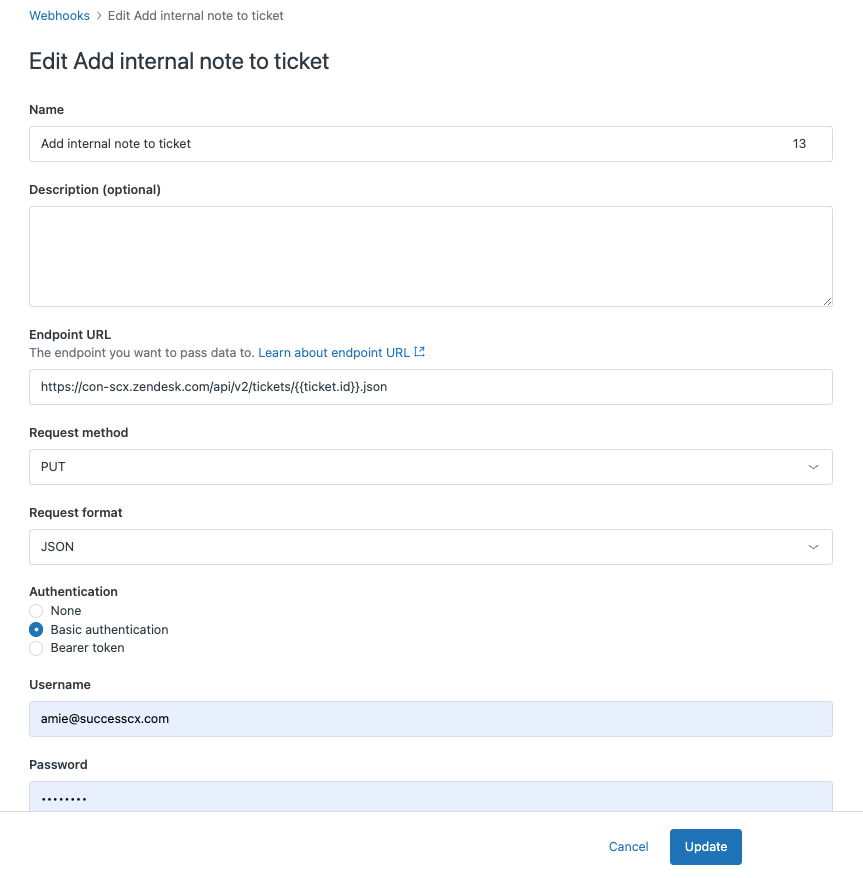 How do I add a Zendesk internal note to a ticket via a business rule